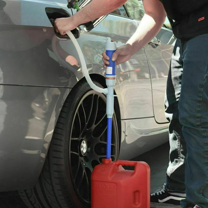 Manual hand-operated siphon pump for fuel transfer in blue or red colour