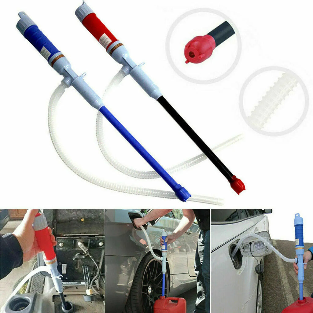 Manual hand-operated siphon pump for fuel transfer in blue or red colour