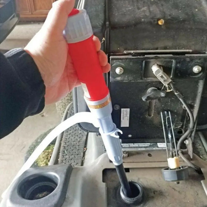 Manual hand-operated siphon pump for fuel transfer in blue or red colour