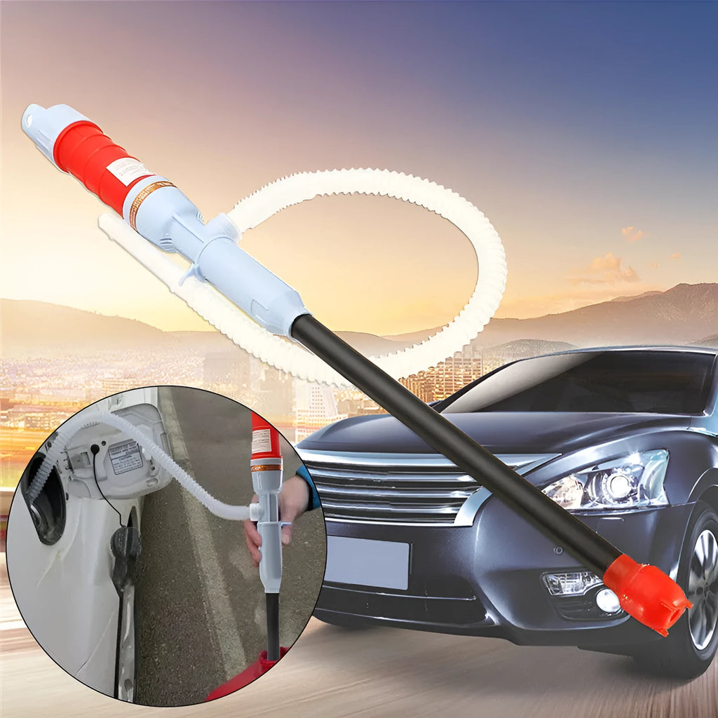 Manual hand-operated siphon pump for fuel transfer in blue or red colour