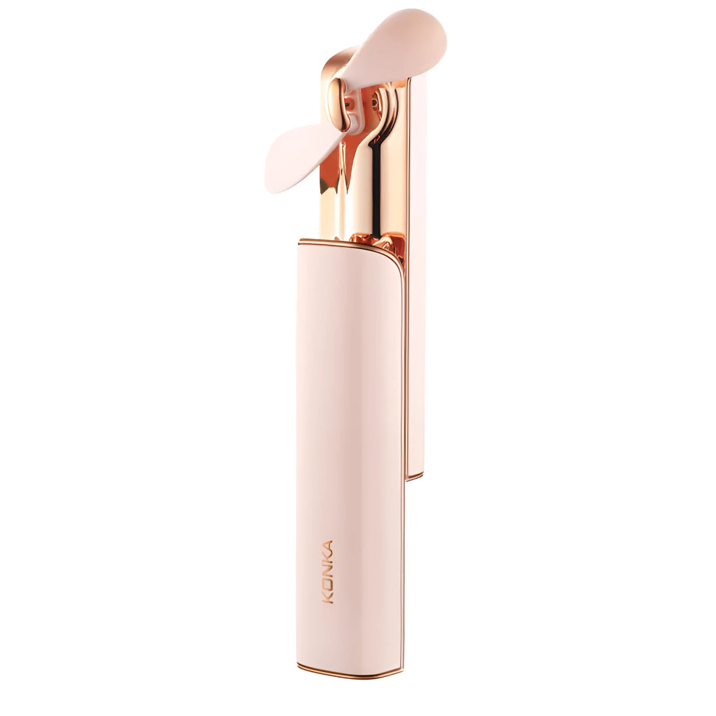 Pink handheld mini folding fan with USB charging port and two-speed mechanical switch.