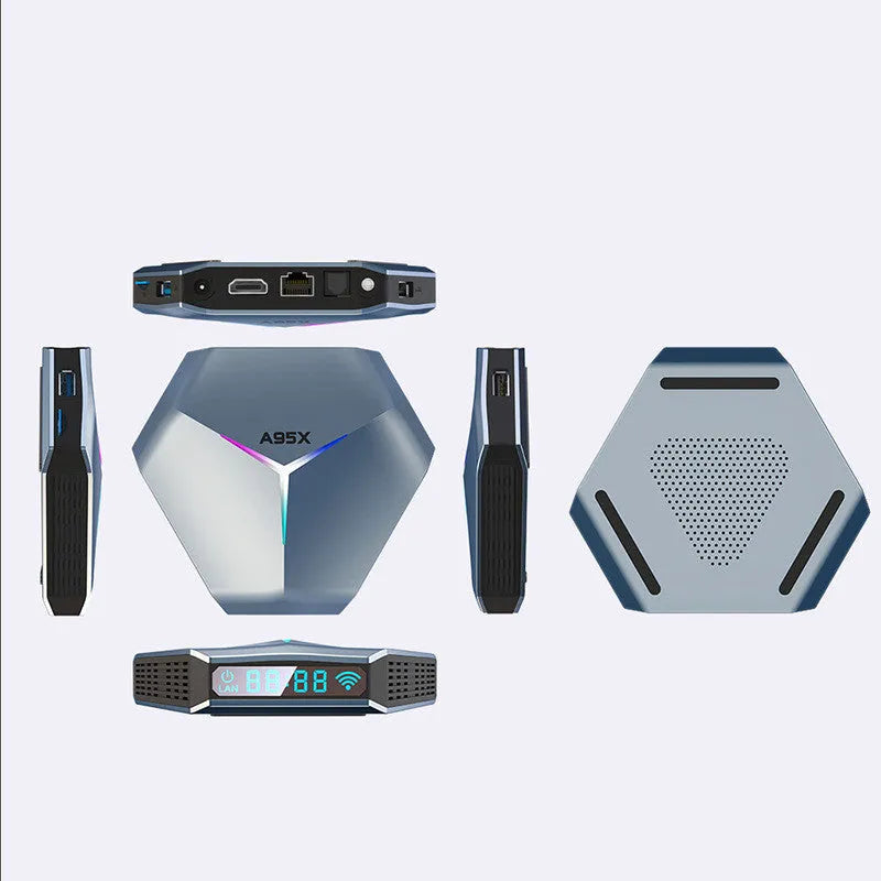 8K Android TV set-top box with remote control, HD cable, and power adapter.