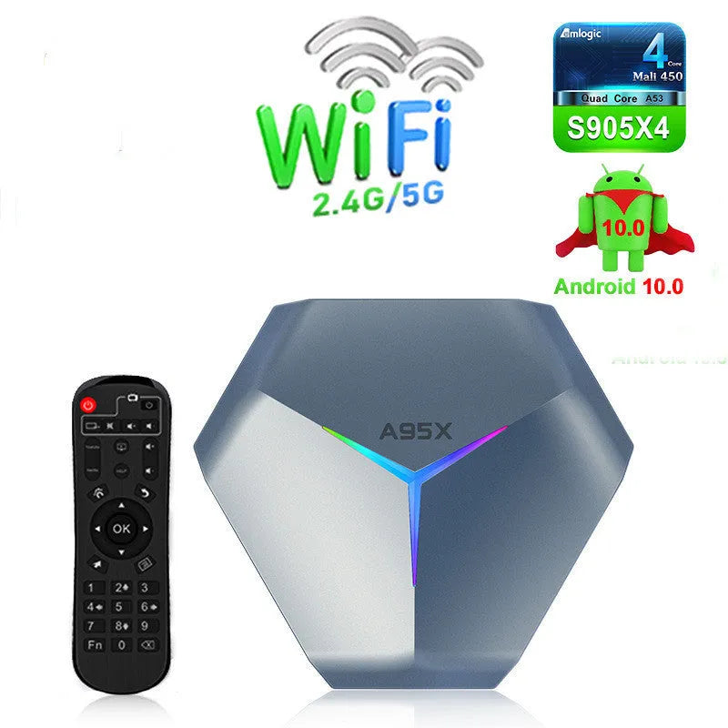 8K Android TV set-top box with remote control, HD cable, and power adapter.
