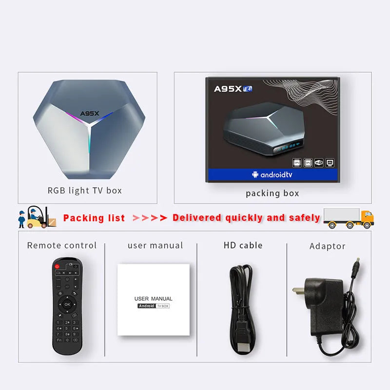 8K Android TV set-top box with remote control, HD cable, and power adapter.