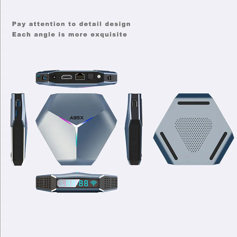8K Android TV set-top box with remote control, HD cable, and power adapter.