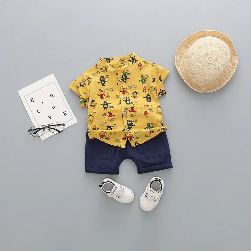 Children's cotton short-sleeved shorts suit in airplane print for boys aged 3-8 years