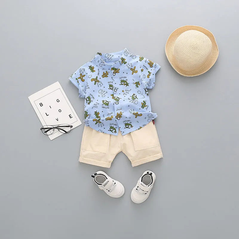 Children's cotton short-sleeved shorts suit in airplane print for boys aged 3-8 years