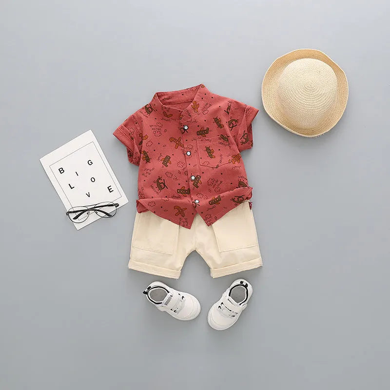 Children's cotton short-sleeved shorts suit in airplane print for boys aged 3-8 years