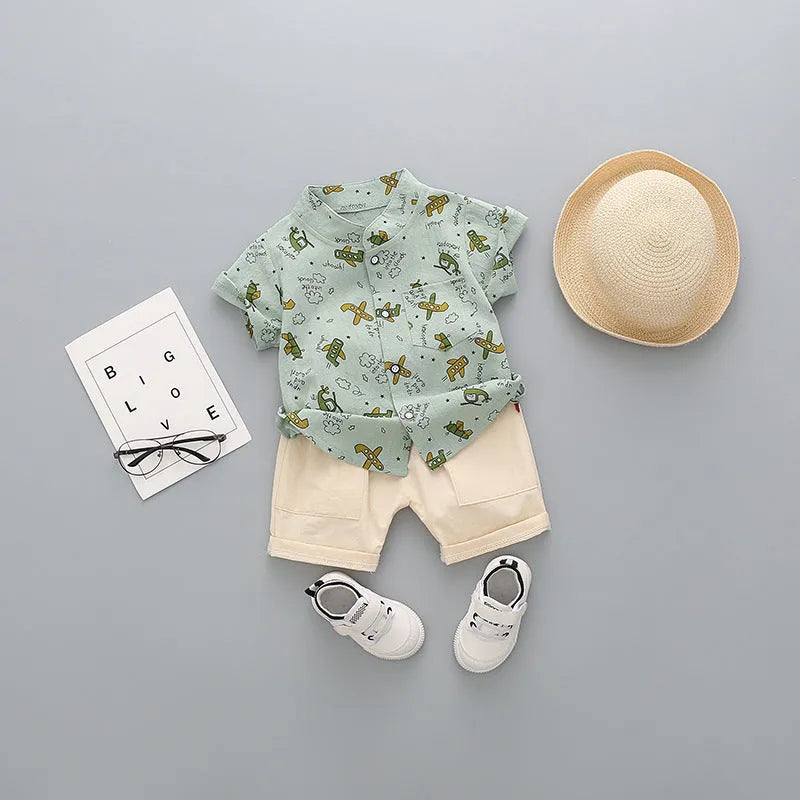 Children's cotton short-sleeved shorts suit in airplane print for boys aged 3-8 years