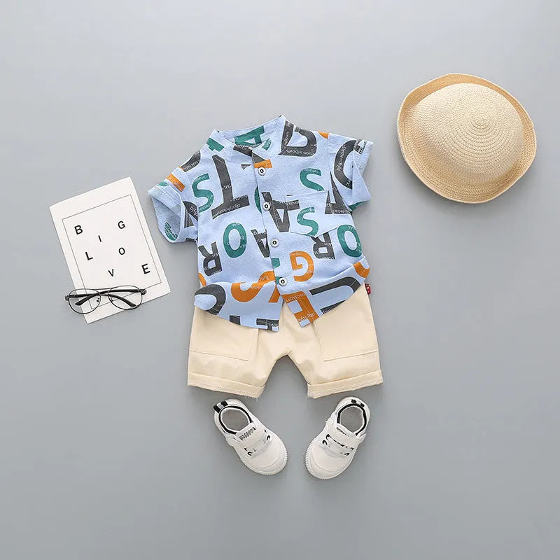 Children's cotton short-sleeved shorts suit in airplane print for boys aged 3-8 years