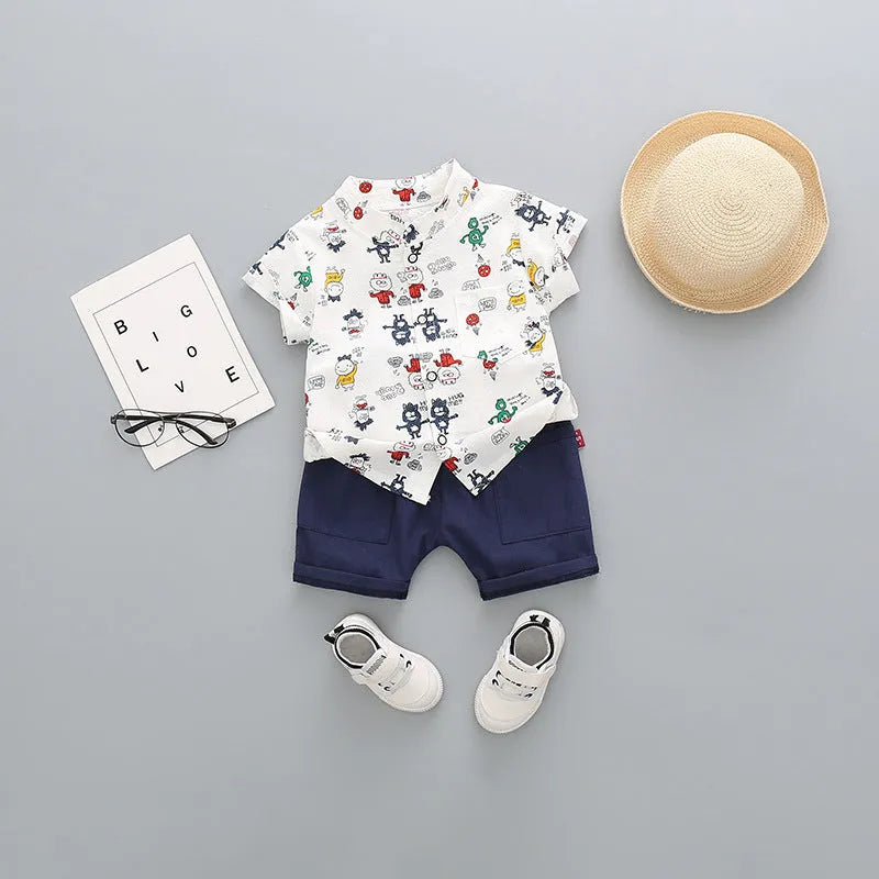 Children's cotton short-sleeved shorts suit in airplane print for boys aged 3-8 years