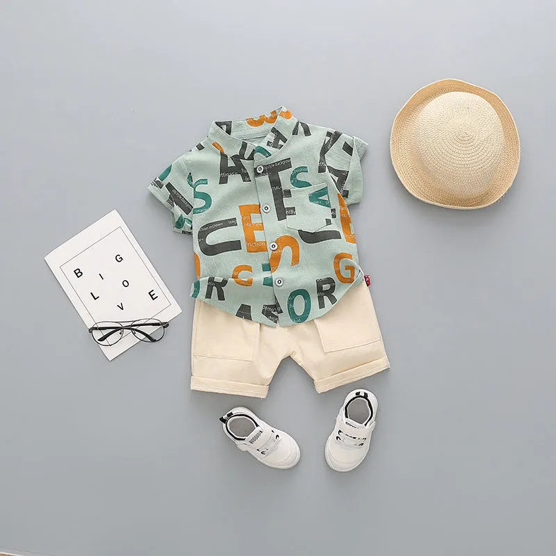 Children's cotton short-sleeved shorts suit in airplane print for boys aged 3-8 years