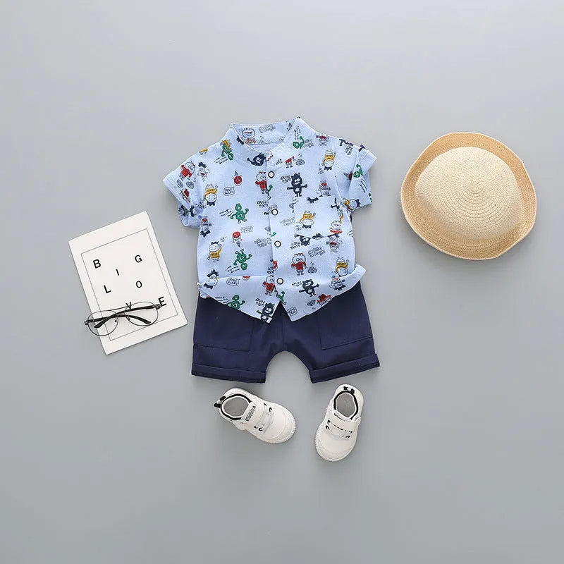 Children's cotton short-sleeved shorts suit in airplane print for boys aged 3-8 years