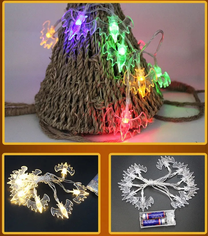 Halloween string lights with pumpkin, bat and ghost decorations in white, warm white or multicolour LED options