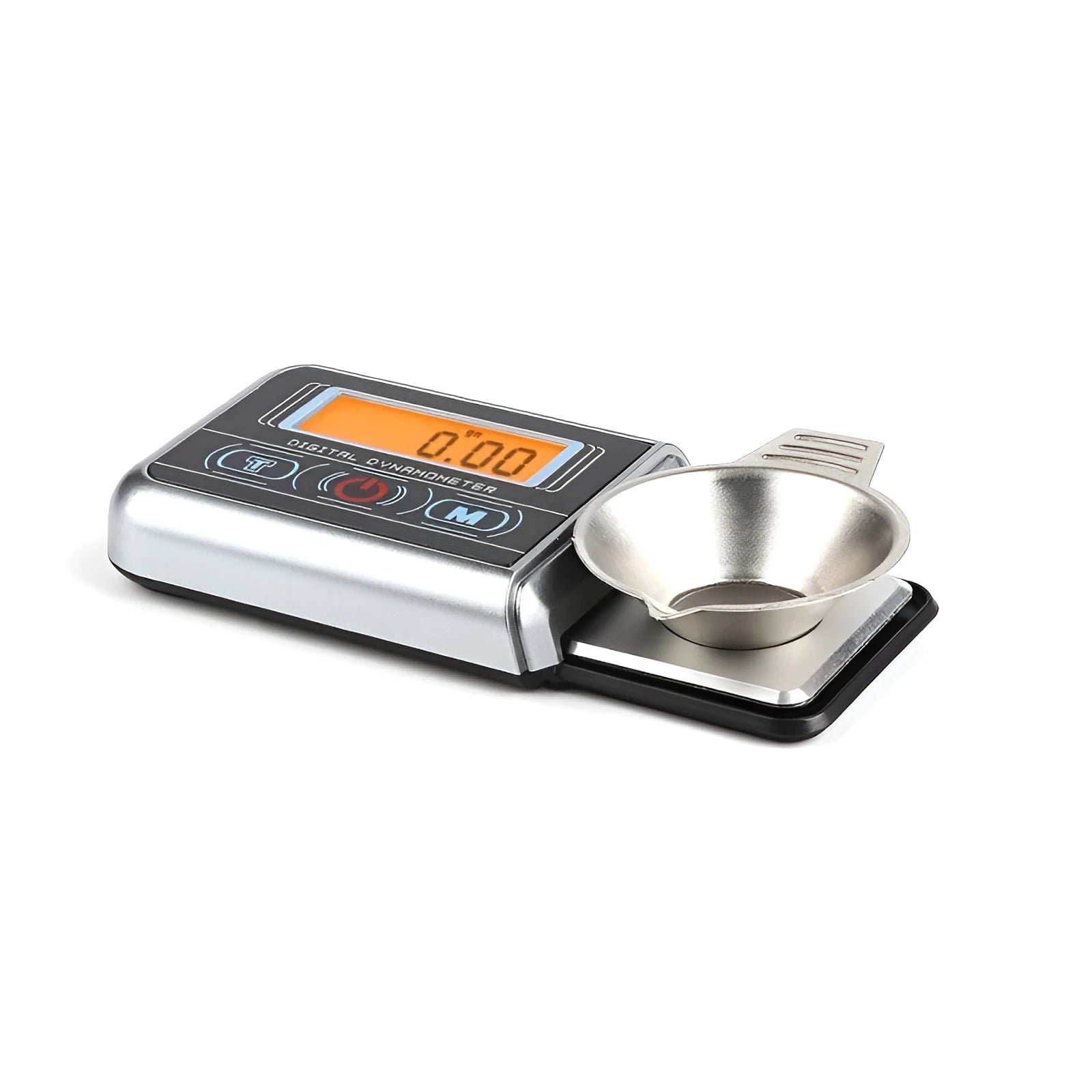 A compact digital electronic scale with a 100g capacity and 0.005g precision, shown weighing small items.