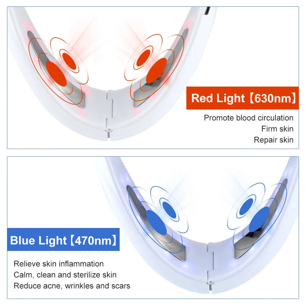White facial lifting device with red and blue light therapy heads and control buttons.