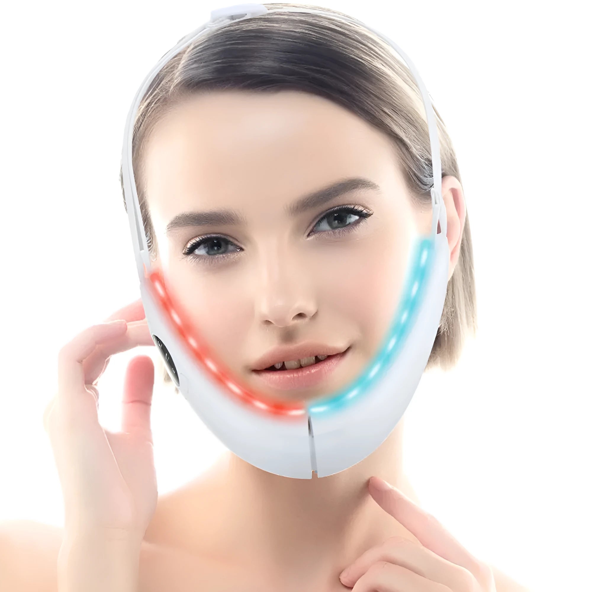 White facial lifting device with red and blue light therapy heads and control buttons.