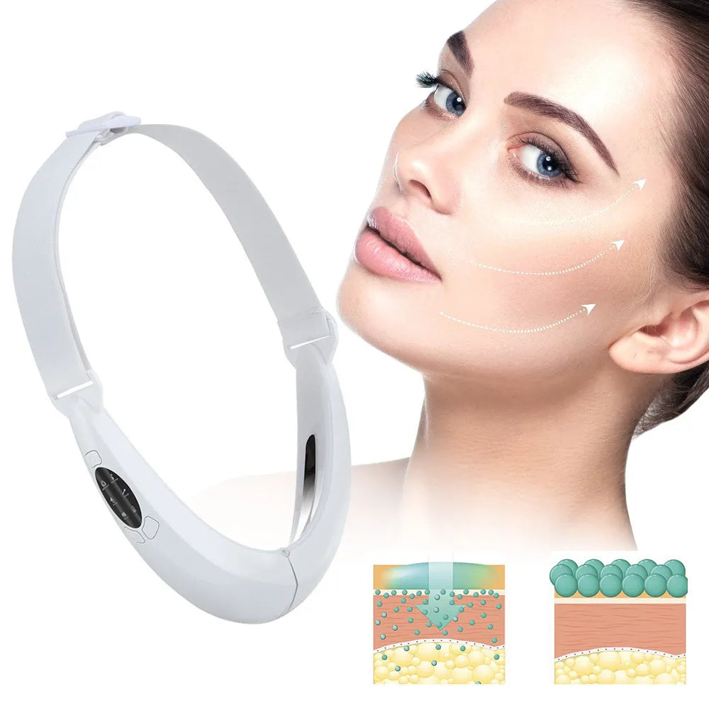 White facial lifting device with red and blue light therapy heads and control buttons.