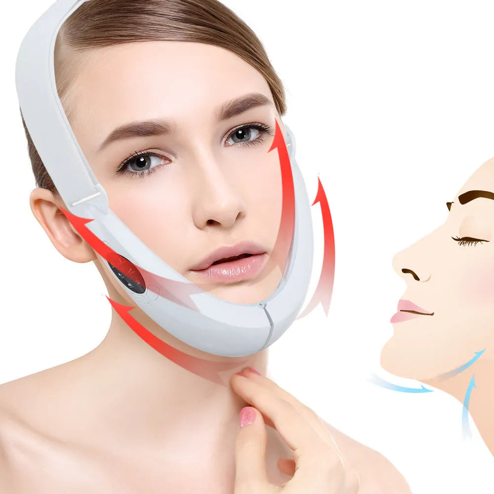 White facial lifting device with red and blue light therapy heads and control buttons.