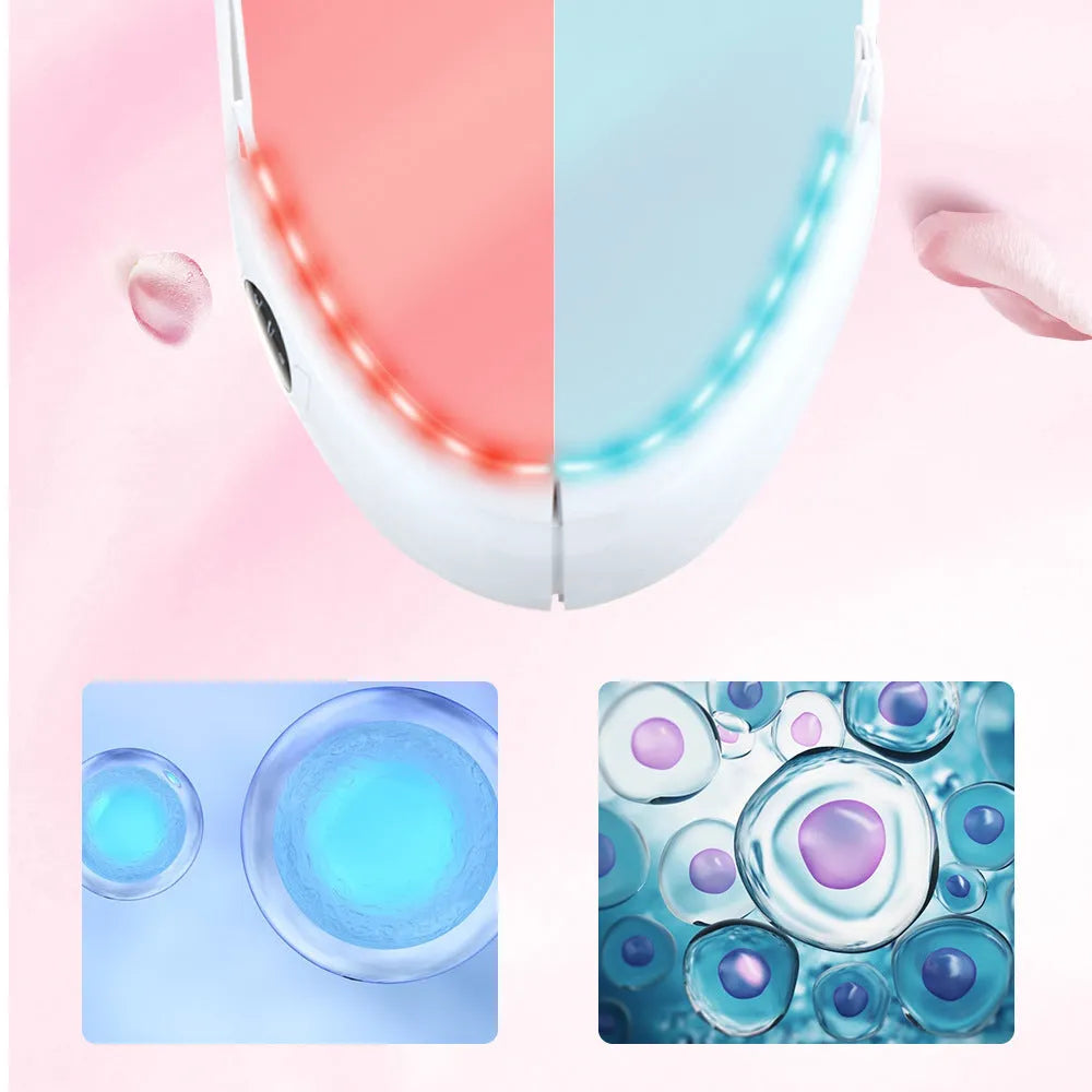 White facial lifting device with red and blue light therapy heads and control buttons.