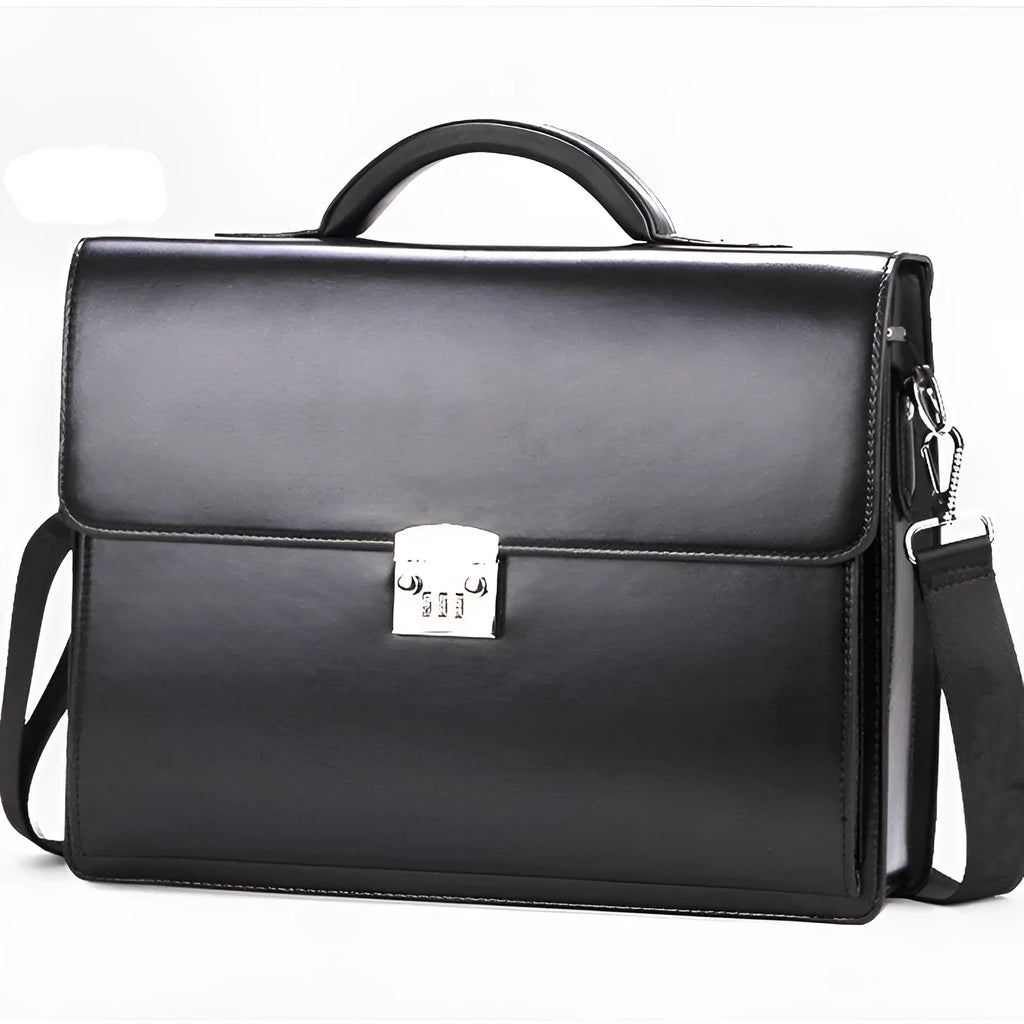 Black PU leather men's business briefcase with zipper opening and loading handle