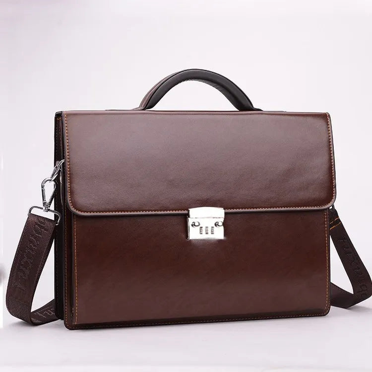 Black PU leather men's business briefcase with zipper opening and loading handle