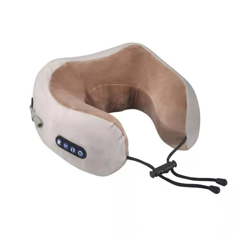 Brown U-shaped electric neck massage pillow with USB charging cable