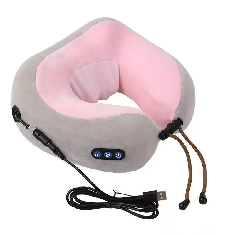 Brown U-shaped electric neck massage pillow with USB charging cable