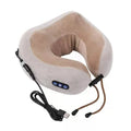 Brown U-shaped electric neck massage pillow with USB charging cable