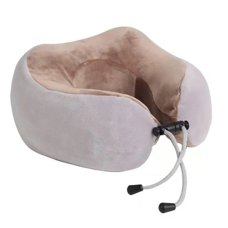 Brown U-shaped electric neck massage pillow with USB charging cable