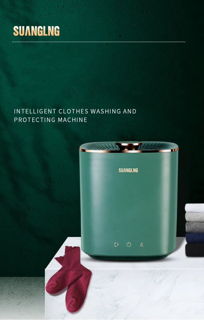 Green or white portable mini washing machine with ozone sterilisation for underwear and small laundry items