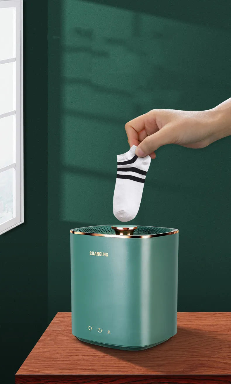 Green or white portable mini washing machine with ozone sterilisation for underwear and small laundry items