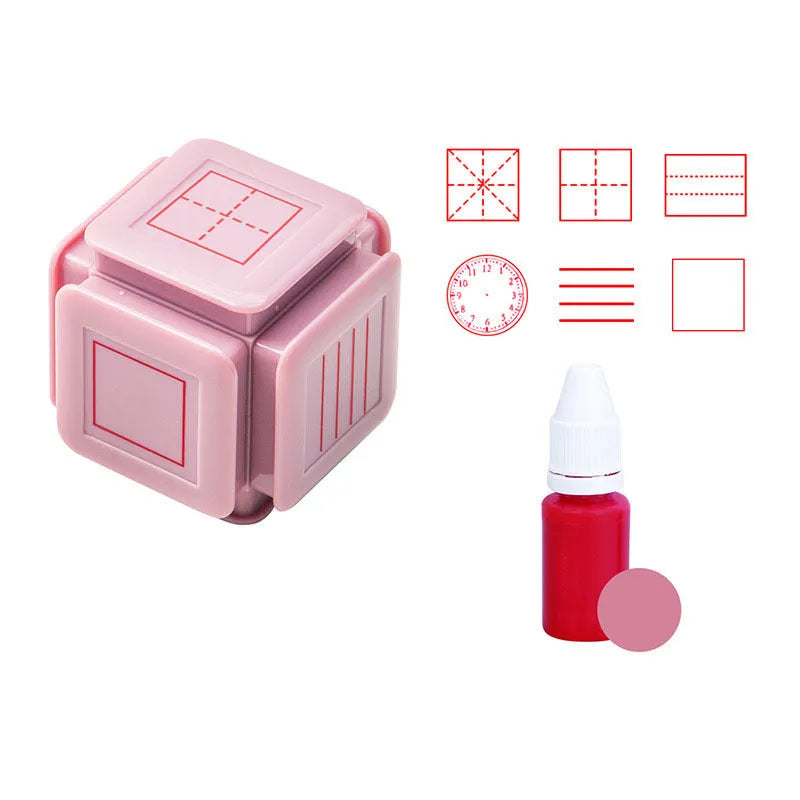 Six-sided Tianzi grid seal in pink with red ink, featuring a photosensitive stamp surface