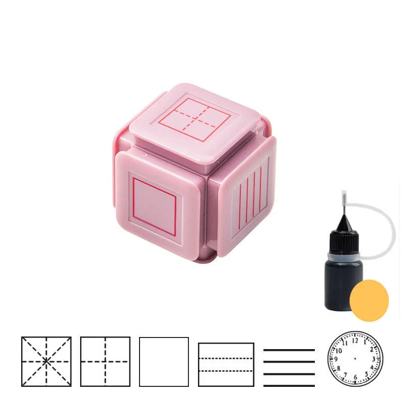 Six-sided Tianzi grid seal in pink with red ink, featuring a photosensitive stamp surface