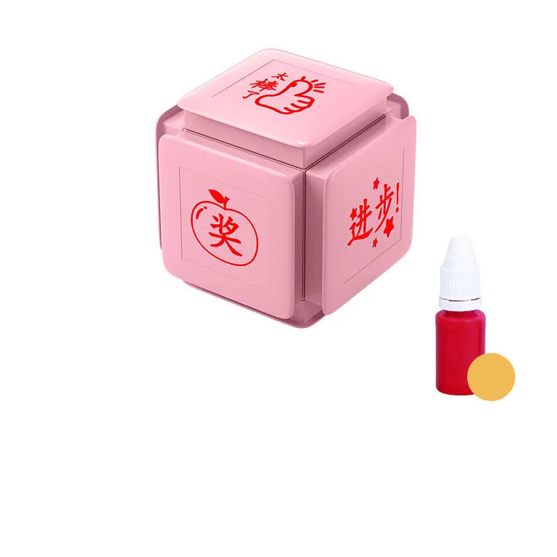 Six-sided Tianzi grid seal in pink with red ink, featuring a photosensitive stamp surface