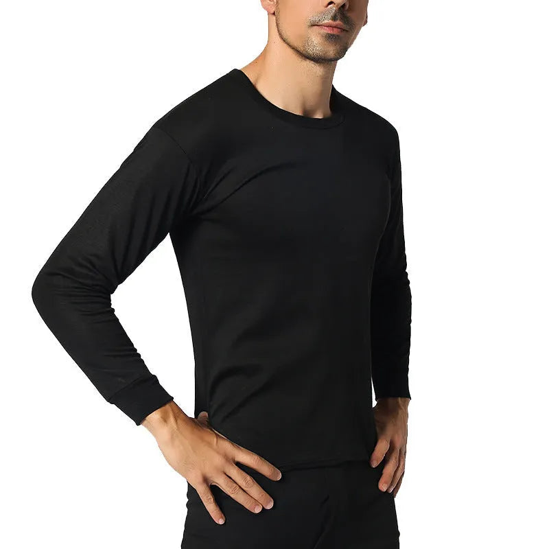 Men's round neck polyester thermal underwear set in black, slim fit with long sleeves and trousers