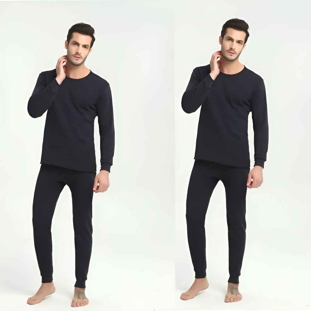 Men's round neck polyester thermal underwear set in black, slim fit with long sleeves and trousers