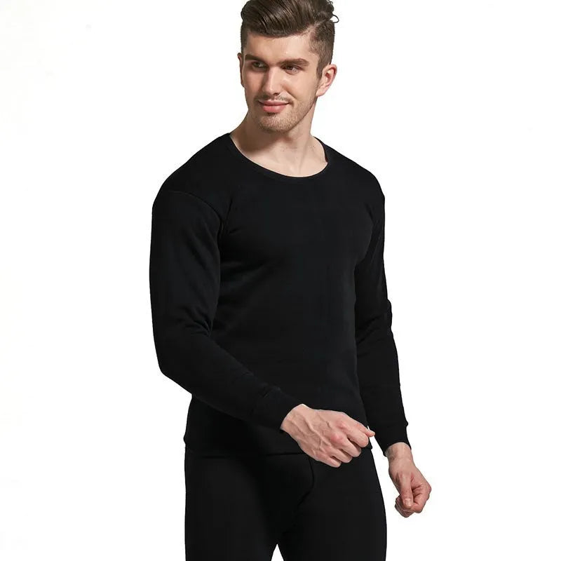 Men's round neck polyester thermal underwear set in black, slim fit with long sleeves and trousers