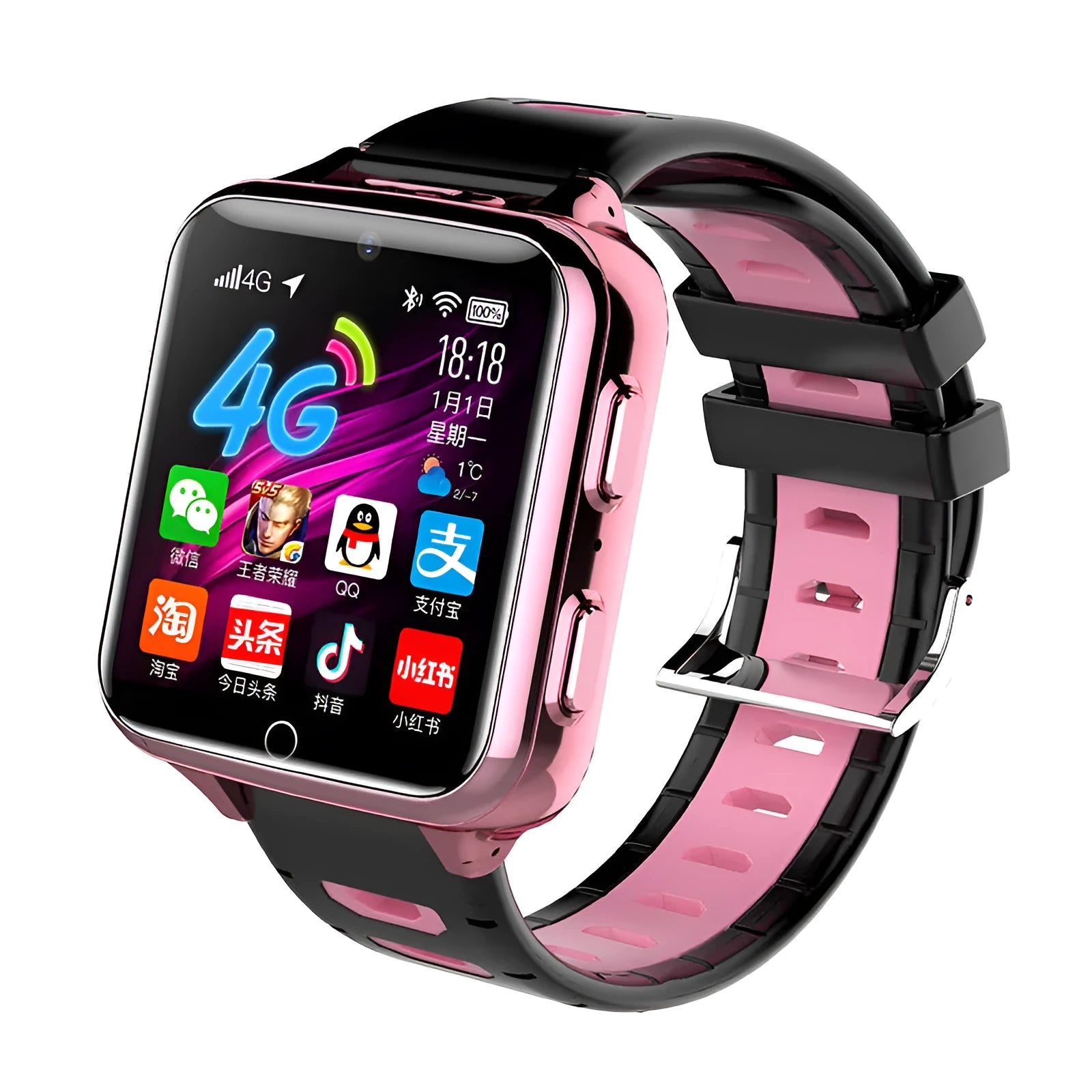 Children's black, blue or pink smart sports watch with silicone wrist strap and touch screen