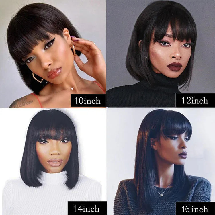 Machine-made human hair wig in natural black colour showing 10 inch length on display stand