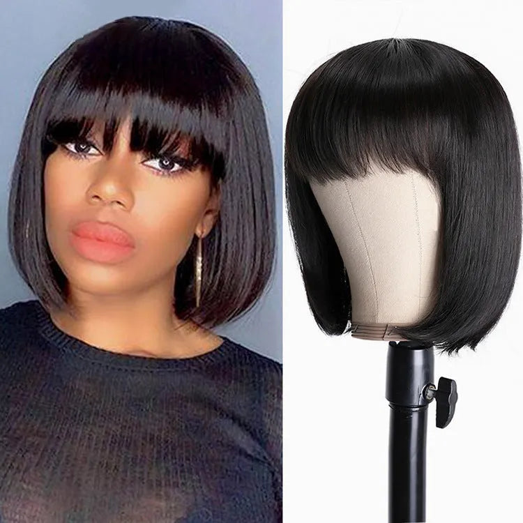 Machine-made human hair wig in natural black colour showing 10 inch length on display stand