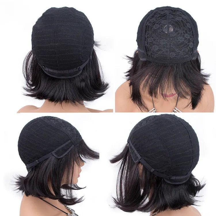 Machine-made human hair wig in natural black colour showing 10 inch length on display stand