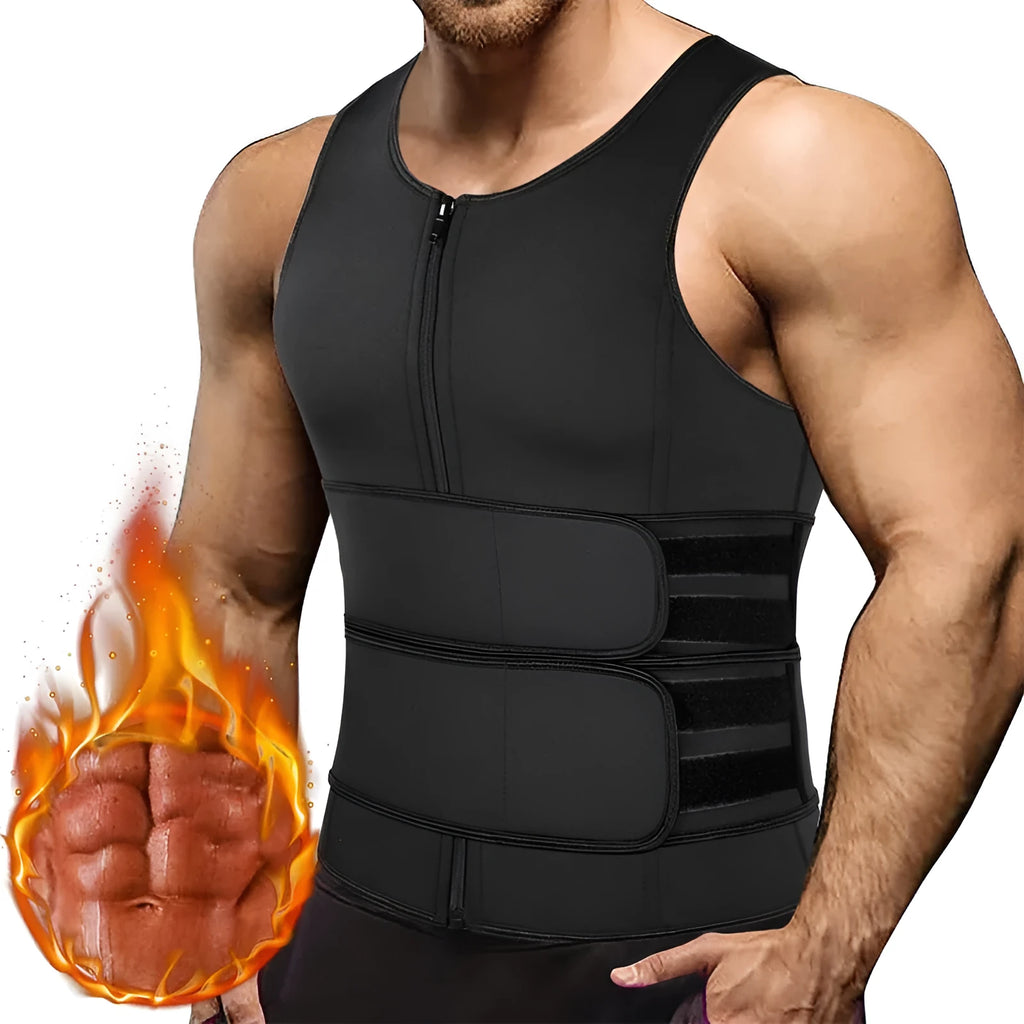 Black men's shapewear tank top with neoprene core and 4 steel bones on plain background
