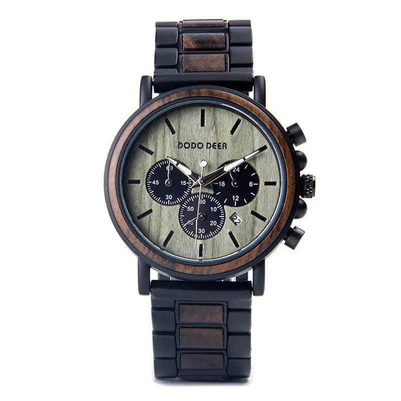 Men's wood strap watch with round dial, stainless steel buckle, and quartz glass mirror, available in multiple colours