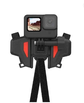 Black universal motorcycle helmet chin strap mount for GoPro and sports action cameras.