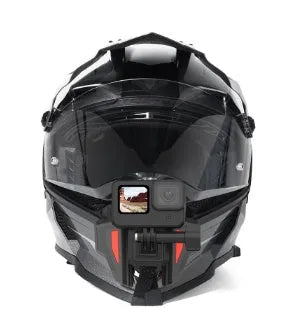 Black universal motorcycle helmet chin strap mount for GoPro and sports action cameras.