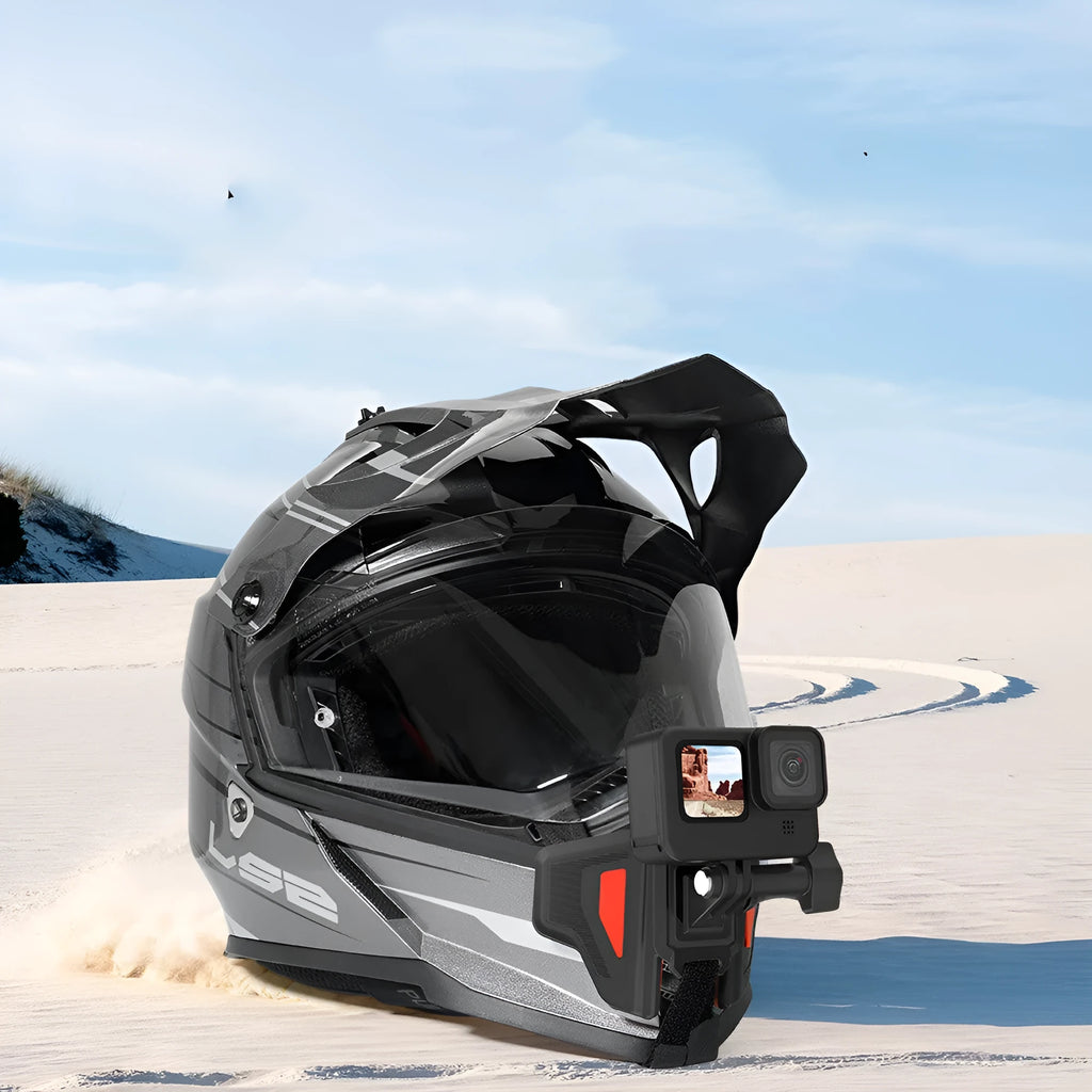Black universal motorcycle helmet chin strap mount for GoPro and sports action cameras.
