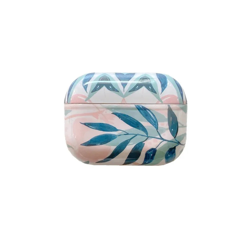 Banana leaf tropical pattern AirPods protective case in blue and green TPU material