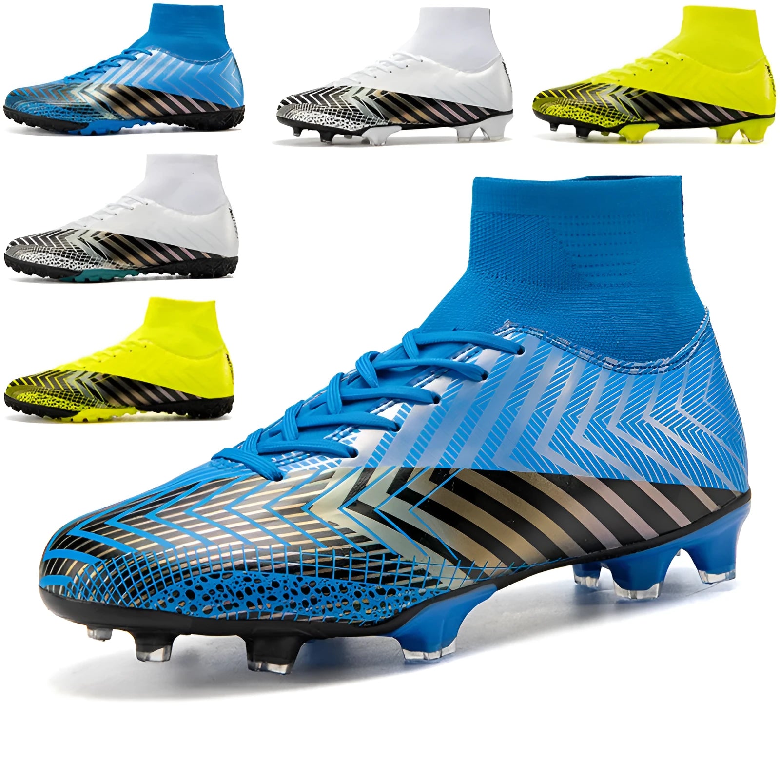 High-top football boots for artificial grass with non-slip rubber outsole and PVC upper, front tie lacing
