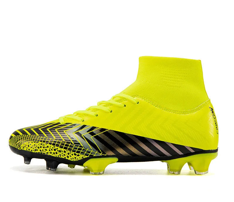 High-top football boots for artificial grass with non-slip rubber outsole and PVC upper, front tie lacing